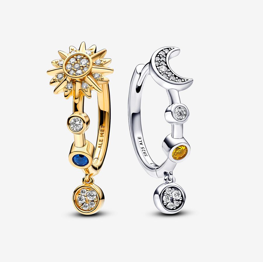 Sun and moon sterling silver and 14k gold-plated hoop earrings with stellar blue, blazing yellow crystal and clear cubic zirconia image number 0